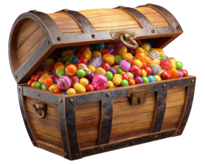 Treasure chest overflowing with vibrant, colorful candies creates delightful and whimsical scene. assortment of sweets, including jellybeans and chocolate, evokes sense of joy and excitement