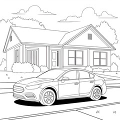 The car is on the road in front of the house coloring page 