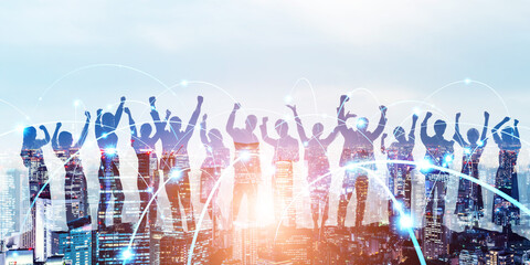 Group of multinational business people and digital network concept. Wide angle visual for banners or advertisements.