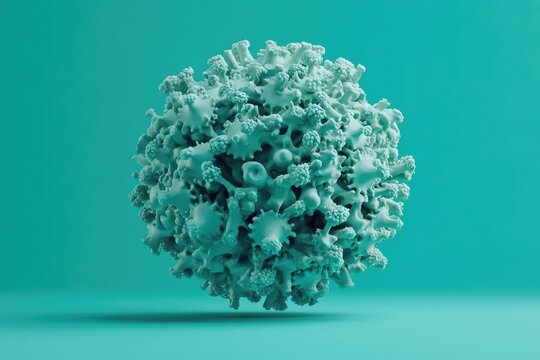 3D render of a pale teal virus-like sphere against a teal background.  Detailed, complex structure