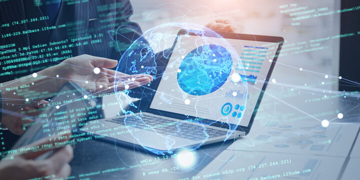 Group of business people meeting and global network concept. Wide angle visual for banners or advertisements.