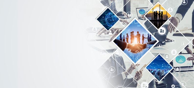 Collage of various business scenes. Wide angle visual for banners or advertisements.