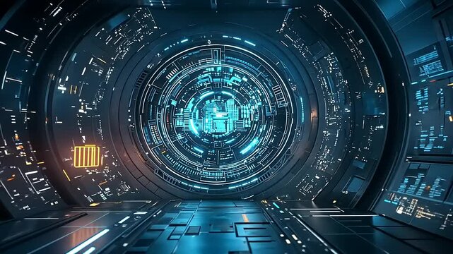 Futuristic sci-fi corridor with glowing technology and intricate patterns, suggesting advanced civilization