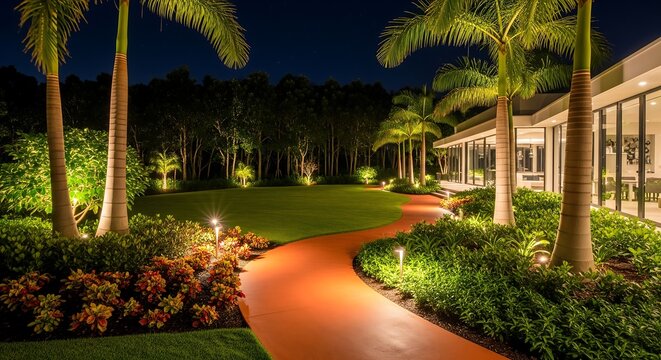 Night scene of a luxurious garden with illuminated winding path, palm trees, lush greenery, and a modern building with large windows.