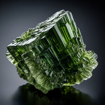 Moldavite stone isolated on black background. Close up macrophotograph of a green precious mineral from Czechia. Genuine natural tektite glass.
