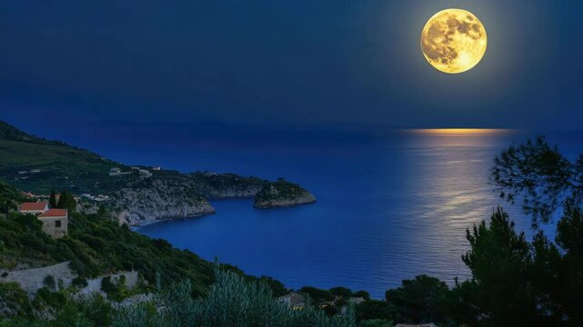 Calm sea at dusk with full moon above horizon.