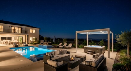 Fototapeta premium Luxury backyard at dusk. Features a swimming pool, hot tub under a pergola, patio furniture, and a two-story house. Landscape lighting adds to the ambiance.