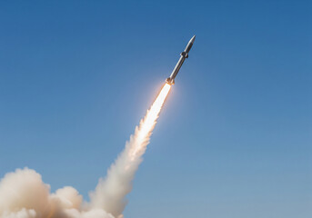 A powerful rocket launching into the sky with a blazing trail of fire and smoke, symbolizing technological advancement, space exploration, and human ambition.