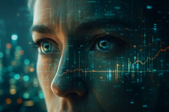 AI generated extreme close-up of human eyes overlaid with glowing digital graphs and abstract data lines in a sci-fi cityscape