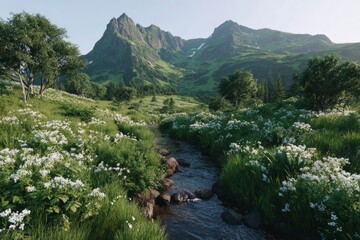 Fototapeta premium Serene Alpine Meadow Stream Mountains Flowers