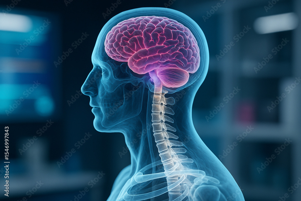 Poster ai generated 3d medical rendering showing translucent side profile of human head and spine with deta