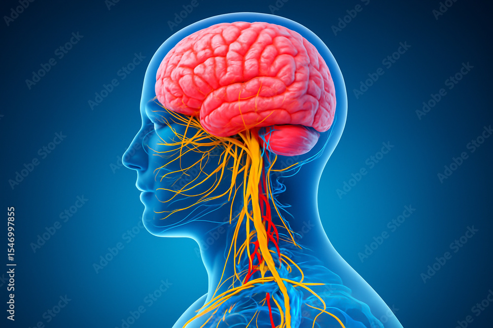 Aufkleber ai generated realistic rendering of human head anatomy showing brain neural pathways and vascular sy