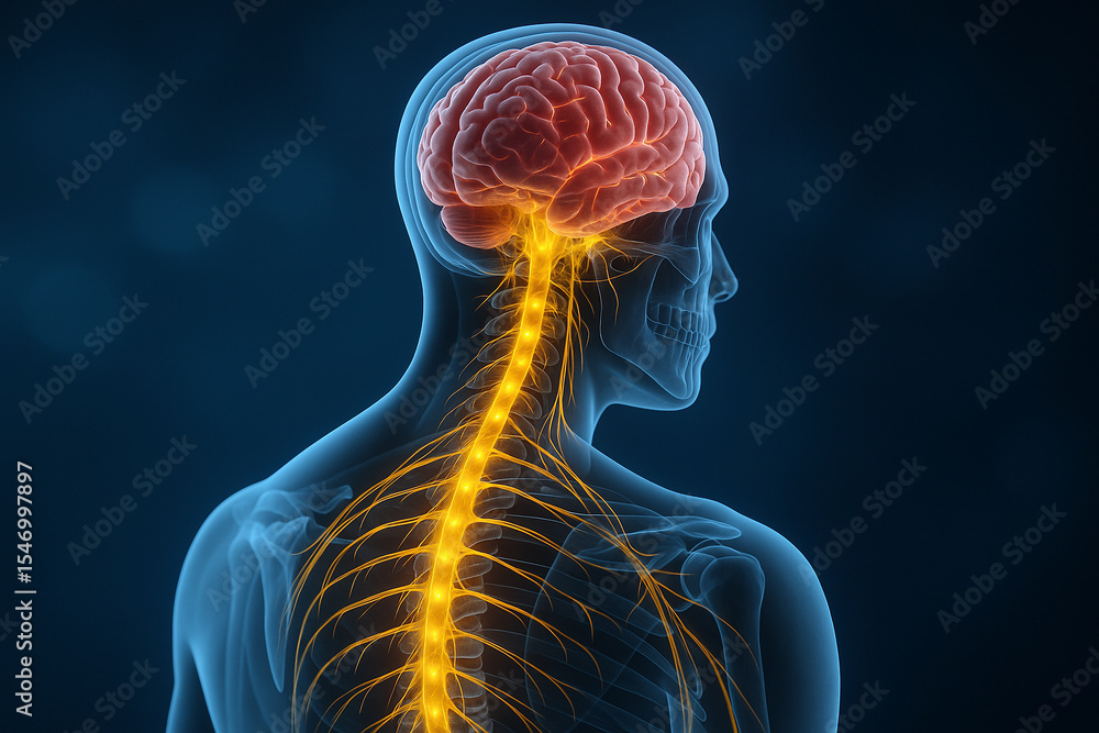 Poster ai generated sci-fi medical render showing posterior view of human brain spinal cord and nerves with