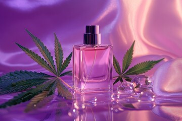 Pink perfume bottle sits on a reflective surface with cannabis leaves and clear spheres, set against a satin backdrop in vibrant purple and pink lighting