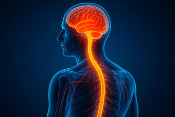 AI generated digital artwork showing a translucent human body highlighting the brain spinal cord and neural pathways in vibrant glowing hues emphasizing advanced biological connectivity