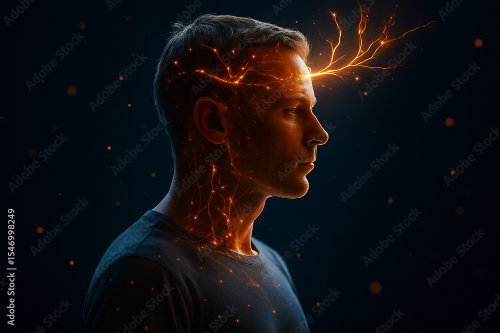 Poster ai generated digital portrait of a young man in profile with glowing neural lines emerging from his 