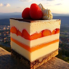 Exquisite layered dessert with fresh raspberries on a scenic mountain backdrop