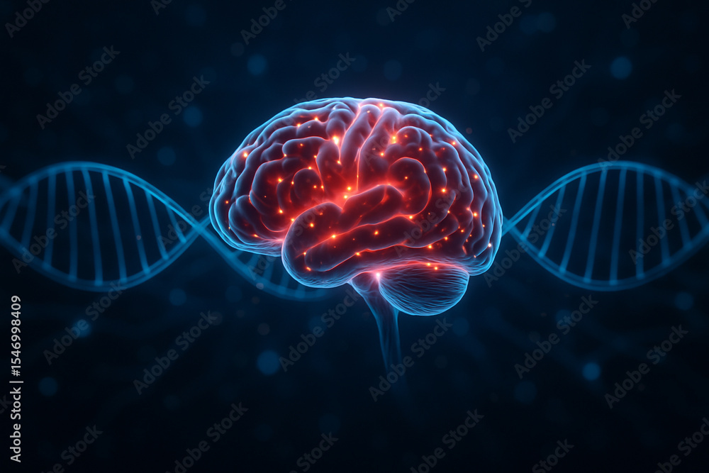 Poster ai generated digital artwork of a glowing human brain with detailed gyri and dna strands swirling be