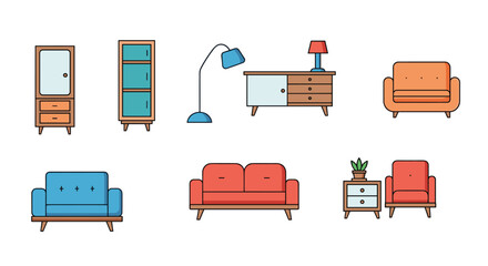 Colorful living room furniture vector design collection decorative elements home decor set