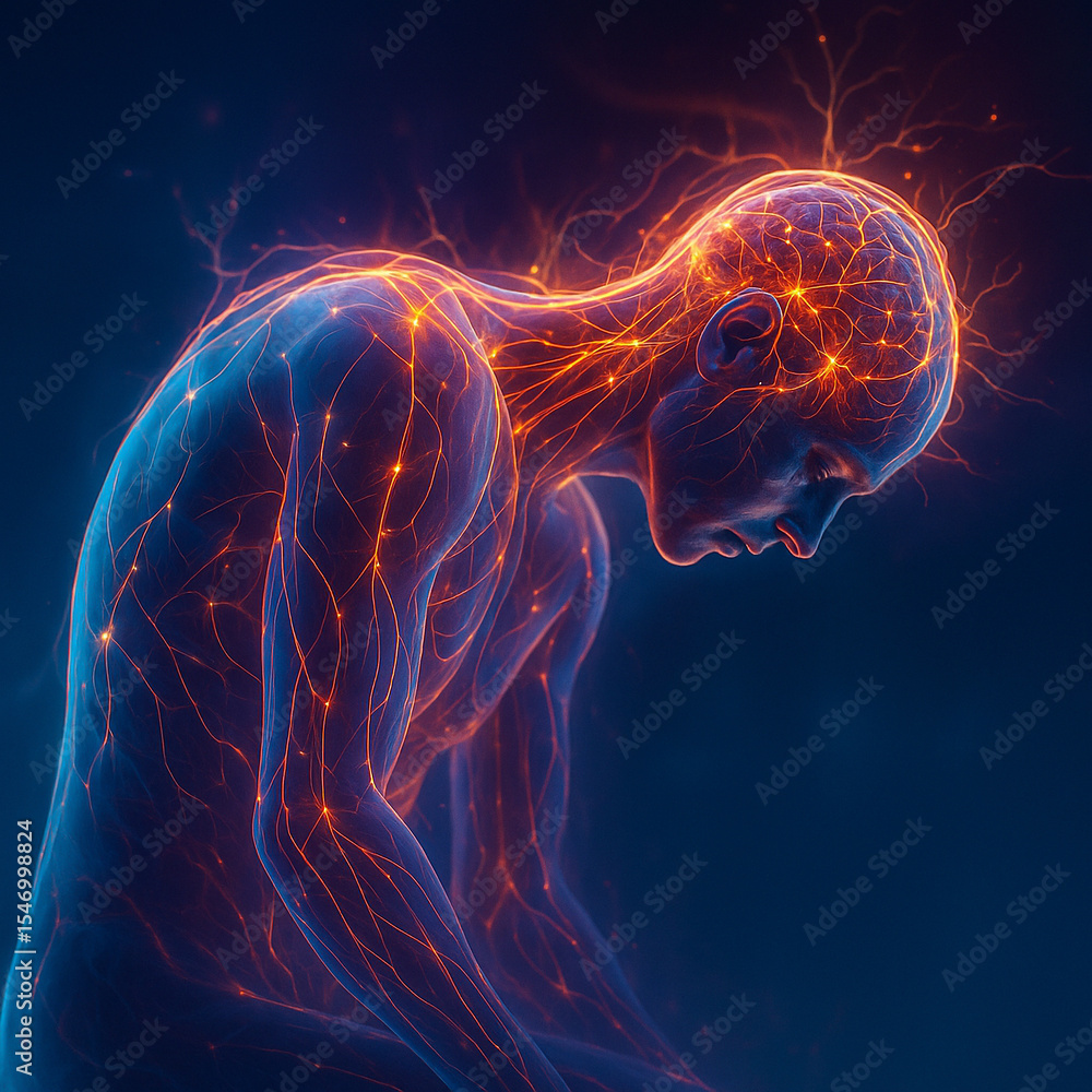 Poster ai generated digital artwork shows a translucent human body with glowing neural pathways in a pose o