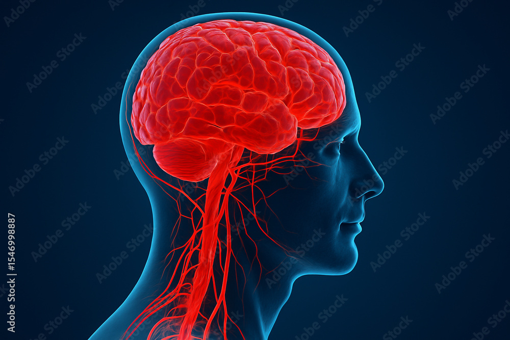 Poster ai generated 3d render showing the human brain and arterial system in high detail from a profile vie