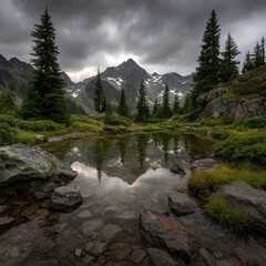 Obraz premium Serene Alpine Meadow Mountain Lake Reflection Dramatic Sky