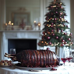 Festive Holiday Dinner: Roast, Christmas Tree and Elegance, celebration time