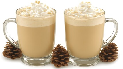 Festive winter beverages: Creamy lattes with whipped cream and pinecone accents