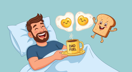 Father's day happy father's day breakfast in bed with dad fuel coffee eggs and toast cartoon illustration design vector