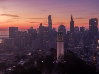 Aerial view of San Francisco, USA, at sunrise. Coit Tower stands prominently on Telegraph Hill,...