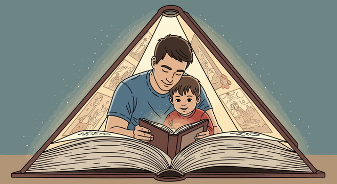 Father's day father and son reading story book together family time bedtime stories illustration cartoon drawing art vector - Powered by Adobe