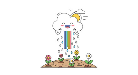 Happy cloud raining rainbow on flowers vector illustration optimistic and cute design