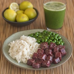Healthy and Nutritious Meal Featuring Rice, Edamame, Beef, and a Refreshing Green Drink