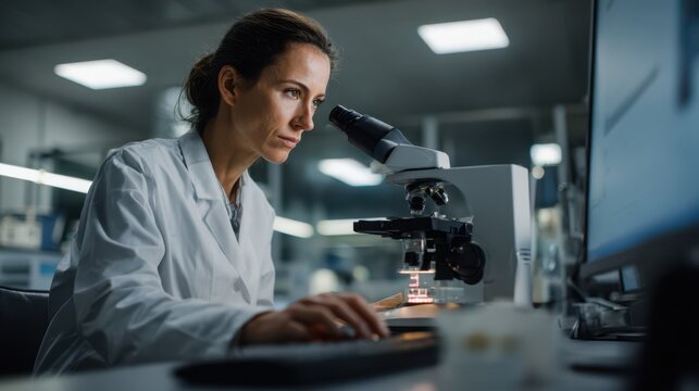 Focused female scientist analyzing samples under a microscope in a modern laboratory, using digital tools for scientific research. Biotechnology and medical innovation concept. - Powered by Adobe