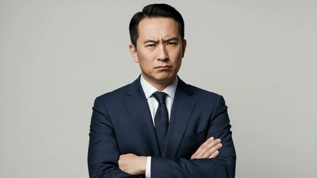 Asian man shaking head negatively with crossed arms in a formal suit