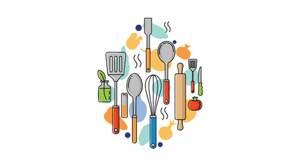 Minimalist vector design of kitchen utensils in a circular pattern composition style