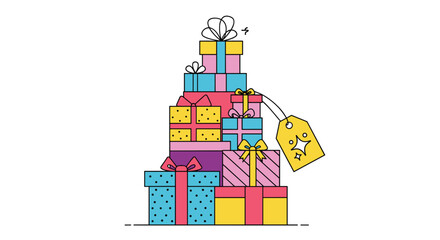 A colorful tower of gift boxes stacked high vector graphic design