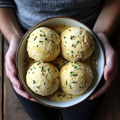 Overhead shot of woman holding bowl with fresh cheese dumplings with chives