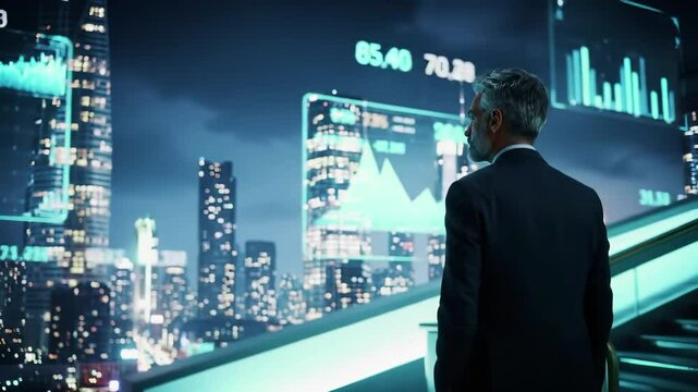 Executive businessman analyzing financial data charts, digital analytics dashboard with market statistics. Professional in suit studying investment graphs, corporate office with city skyline, night - Powered by Adobe