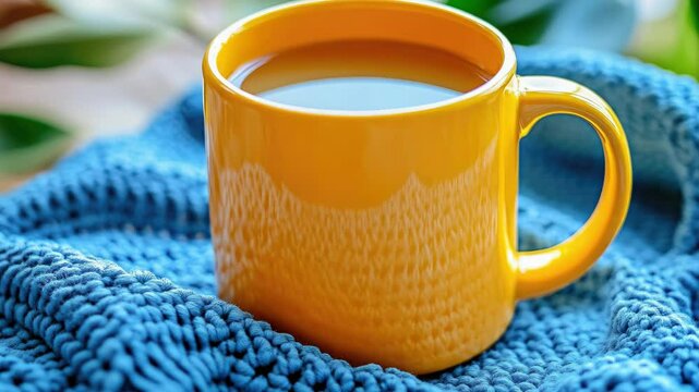 A yellow ceramic mug filled with steaming hot coffee. Serve yourself a warm drink to kickstart your day or enjoy a cozy afternoon tea.