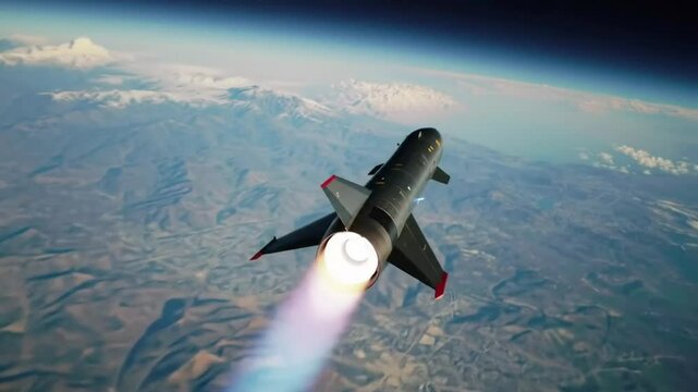 Hypersonic War Missile Flying Toward City &ndash; Aerial Military Attack Simulation. Perfect for use in defense-related content, simulation, war documentaries, or cinematic VFX scenes.