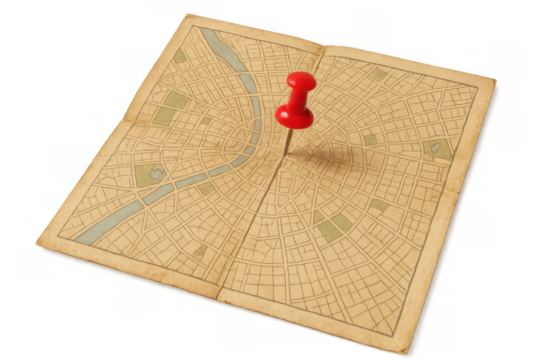 Red push pin marking a specific location on a folded antique city map, isolated on transparent background, perfect for travel and navigation concepts