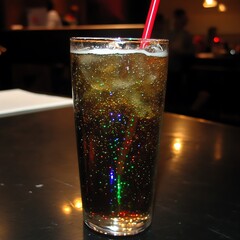 Refreshing bubbly cola drink with ice cubes served in a tall glass cup