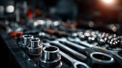 Naklejka premium Automotive engine close-up with tools on workbench, precision and craftsmanship in focus.
