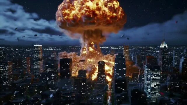 Hypersonic War Missile Flying Toward City &ndash; Aerial Military Attack Simulation. Perfect for use in defense-related content, simulation, war documentaries, or cinematic VFX scenes.