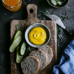 Rustic presentation of mustard, pickles, and rye bread on a wooden board still life