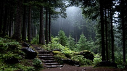 Misty Forest Stone Steps  Winter Wonderland Path