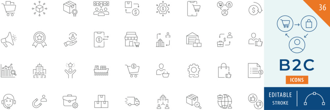 B2C Icon collection set. Editable stroke.