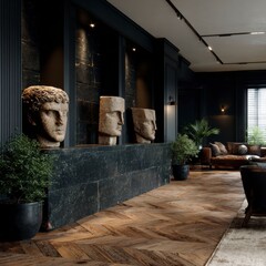 Dark Interior Design  Antique Statues  Herringbone Floor  Luxury Living Room