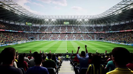 Football stadium packed with cheering fans celebrating during soccer match. Excited crowd supporters in arena seats with green pitch field. Sports atmosphere with passionate spectators at championship - Powered by Adobe